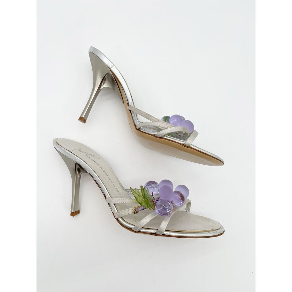 Giuseppe Zanotti Vintage Silver Satin Grape Embellished Mule Sandal Heels IT 38 - Picture 4 of 15